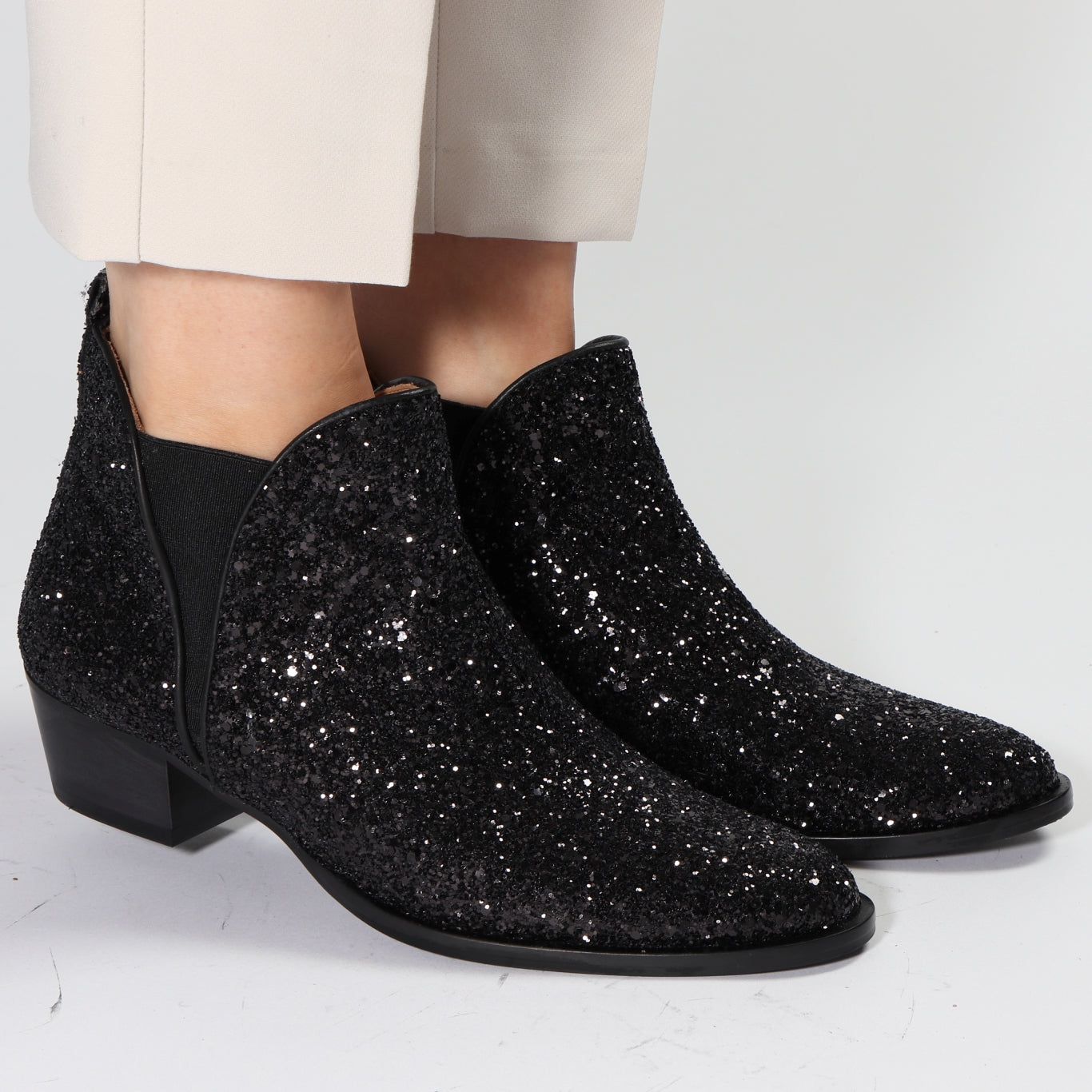 Black dazzling glitter low heel ankle boot from Emma Go Shoes